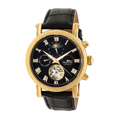 Heritor Automatic Men's Gold / Black Winston Semi-skeleton Leather-band Watch With Day And Date - Black, Gold