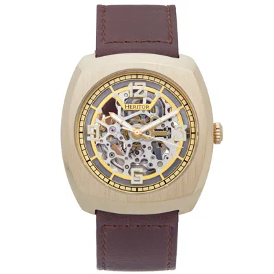 Heritor Automatic Men's Gold / Brown Gatling Leather-band Skeleton Watch - Brown, Gold