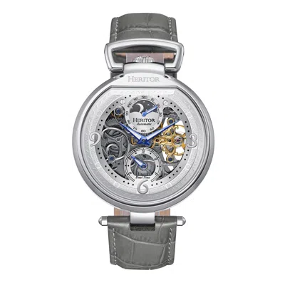 Heritor Automatic Men's Grey / Silver Lincoln Leather-band Skeleton Watch With Dual Time And Moon Phase - Grey, Silver
