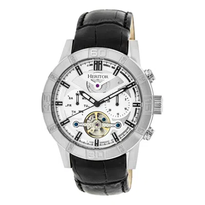 Heritor Automatic Men's Hannibal Semi-skeleton Leather-band Watch With Day And Date - Silver In Black