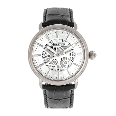 Heritor Automatic Men's Mattias Semi-skeleton Leather-band Watch With Date - Silver In Black
