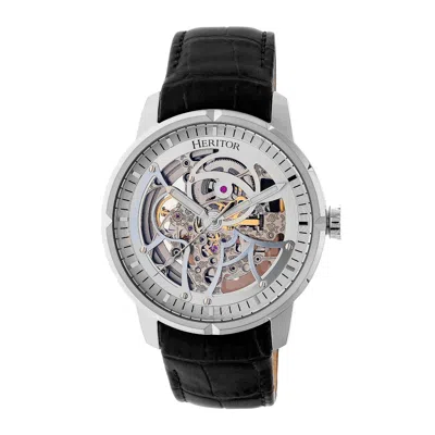 Heritor Automatic Men's Ryder Leather-band Skeleton Watch - Silver In Black