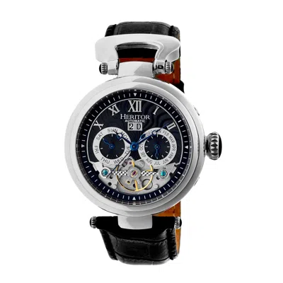 Heritor Automatic Men's Silver / Black Ganzi Semi-skeleton Leather-band Watch With Day And Date - Black, Silver