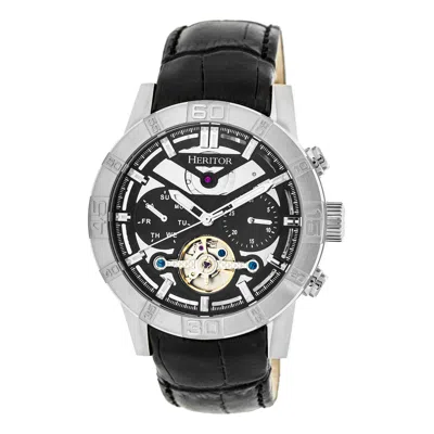 Heritor Automatic Men's Silver / Black Hannibal Semi-skeleton Leather-band Watch With Day And Date - Black, Silver In Gold