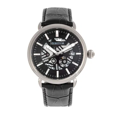 Heritor Automatic Men's Silver / Black Mattias Semi-skeleton Leather-band Watch With Date - Black, Silver In White