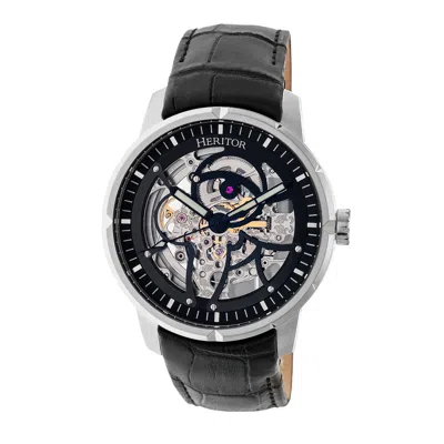 Heritor Automatic Men's Silver / Black Ryder Leather-band Skeleton Watch - Black, Silver