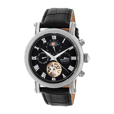 Heritor Automatic Men's Silver / Black Winston Semi-skeleton Leather-band Watch With Day And Date - Black, Silver