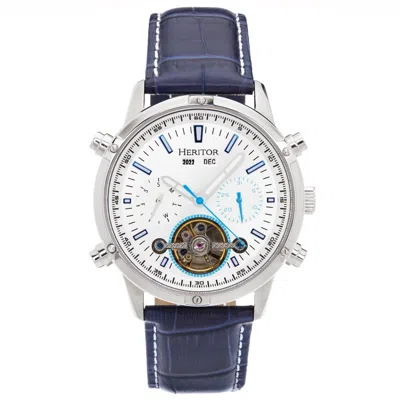 Heritor Automatic Men's Silver / Blue Wilhelm Semi-skeleton Leather-band Watch With Day And Date - Blue, Silver In Gray