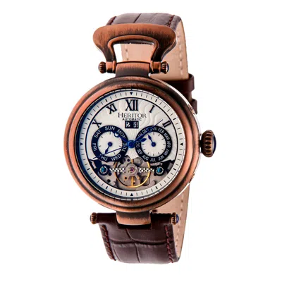 Heritor Automatic Men's Silver / Brown Ganzi Semi-skeleton Leather-band Watch With Day And Date - Brown, Silver