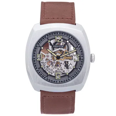 Heritor Automatic Men's Silver / Brown Gatling Leather-band Skeleton Watch - Brown, Silver