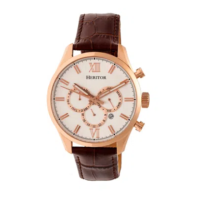 Heritor Automatic Men's Silver / Rose Gold Benedict Leather-band Watch With Day And Date - Rose Gold, Silver In Silver/rose Gold
