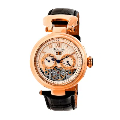 Heritor Automatic Men's Silver / Rose Gold Ganzi Semi-skeleton Leather-band Watch With Day And Date - Rose Gold, Silve