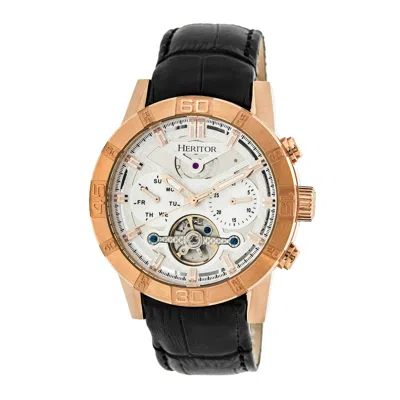 Heritor Automatic Men's Silver / Rose Gold Hannibal Semi-skeleton Leather-band Watch With Day And Date - Rose Gold, Si In Black