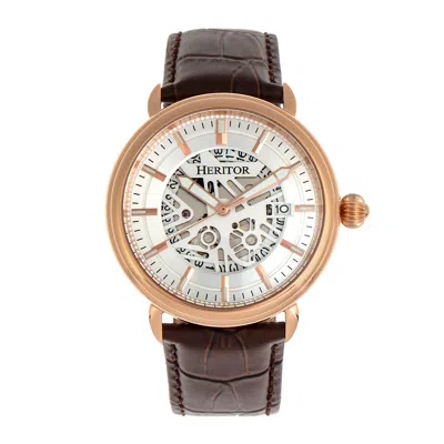 Heritor Automatic Men's Silver / Rose Gold Mattias Semi-skeleton Leather-band Watch With Date - Rose Gold, Silver In Brown