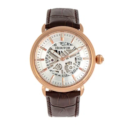 Heritor Automatic Men's Silver / Rose Gold Mattias Semi-skeleton Leather-band Watch With Date - Rose Gold, Silver In Rose Gold/silver