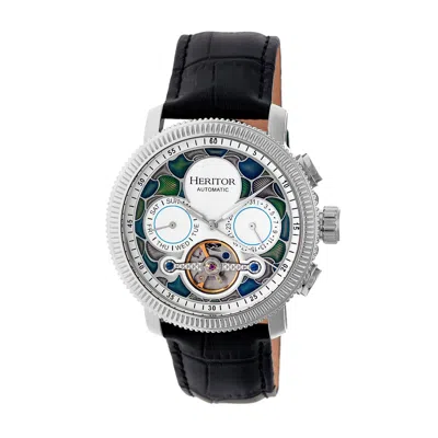 Heritor Automatic Men's Silver / White Aura Semi-skeleton Leather-band Watch With Day And Date - Silver, White In Silver/white