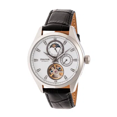 Heritor Automatic Men's Silver / White Sebastian Semi-skeleton Leather-band Watch With Date And Moon Phase - Silver, W In Brown