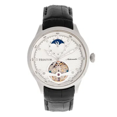 Heritor Automatic Men's White / Silver / Black Gregory Semi-skeleton Leather-band Watch With Moon Phase - Silver, Whit In Multi