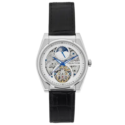 Heritor Automatic Men's White / Silver Daxton Leather-band Skeleton Watch With Moon Phase - Silver, White In Black