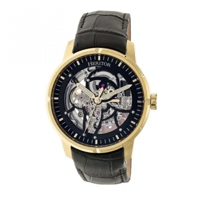 Pre-owned Heritor Automatic Ryder Men's Skeleton Black Leather Gold Watch Hr4604