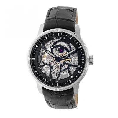 Pre-owned Heritor Automatic Ryder Men's Skeleton Black Leather Silver Watch Hr4602