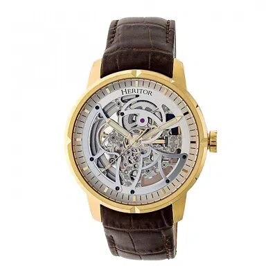 Pre-owned Heritor Automatic Ryder Men's Skeleton Brown Leather Gold Watch Hr4605