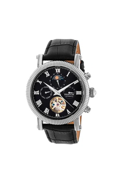 Heritor Automatic Winston Semi-skeleton Leather-band Watch In Black