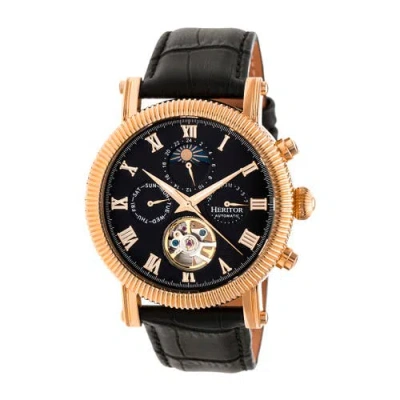 Heritor Automatic Winston Semi-skeleton Leather-band Watch In Rose Gold/black