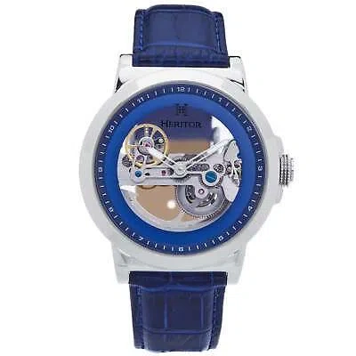 Pre-owned Heritor Automatic Xander Semi-skeleton Leather-band Watch - Silver/blue