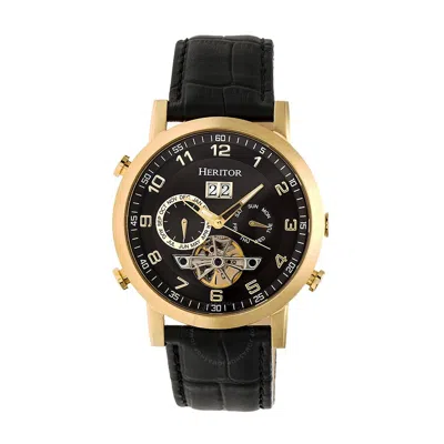 Heritor Edmond Automatic Black Dial Black Leather Men's Watch Hr6204 In Yellow/gold Tone/black