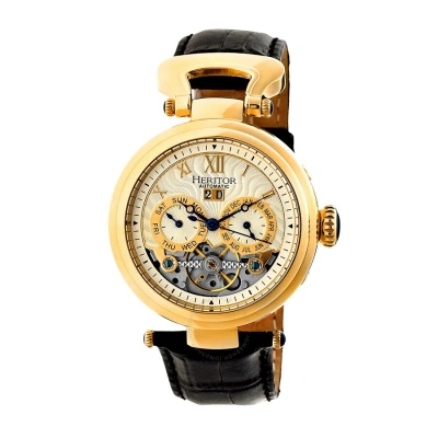 Heritor Ganzi Automatic Multi-function Brushed Dial Black Leather Men's Watch Hr3303 In Black / Blue / Gold Tone / Silver