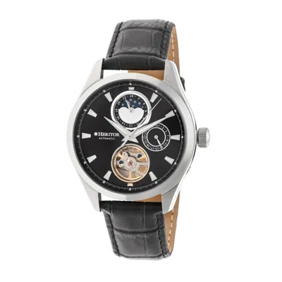 Heritor Sebastian Black Moonphase Dial Black Leather Strap Automatic Men's Watch Hr6902 In Silver Tone/black