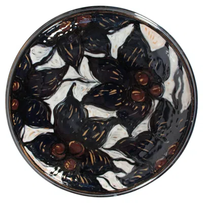 Pre-owned Herman A. Kahler Keramik Large Ceramic Dish With Leaf Pattern By Torben Keramik Denmark Mid Century In Black