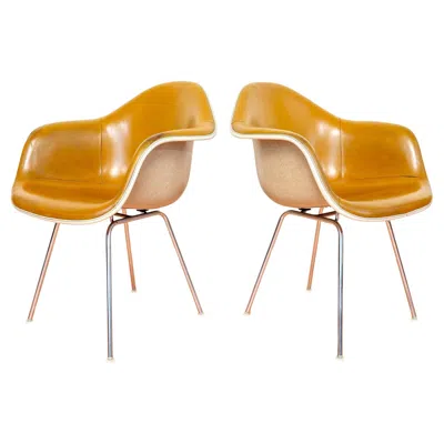 Pre-owned Herman Miller Pair Eames  Dax Leather Armchairs 1960s Mcm Rope Edge Shell Bucket In Orange