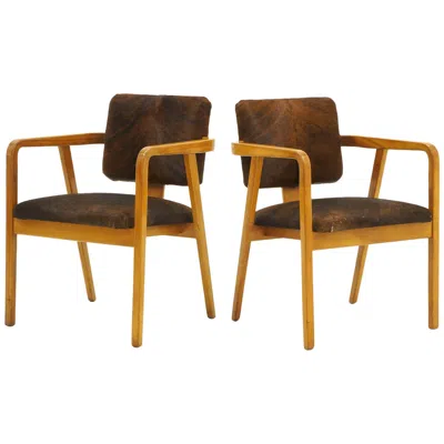Pre-owned Herman Miller Pair Of George Nelson Armchairs In Cowhide Upholstery In Brown