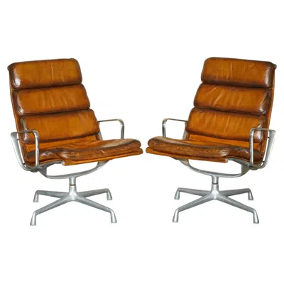 Pre-owned Herman Miller Pair Of  1977 Chanel Nyc Soft Pad Hand Dyed Leather Ea216 Armchairs In Brown