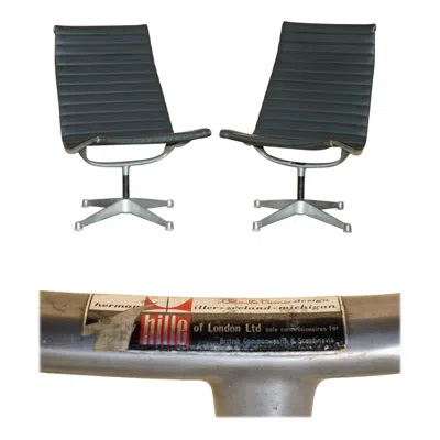 Pre-owned Herman Miller Pair Of Vintage  Hillie Stamped Black Leather Swivel Lounge Chairs