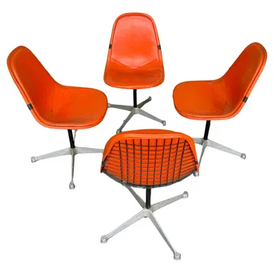 Pre-owned Herman Miller Set Of 4  Eames Orange Pad Swivel Pkc1 Aluminum Base Dining Chairs