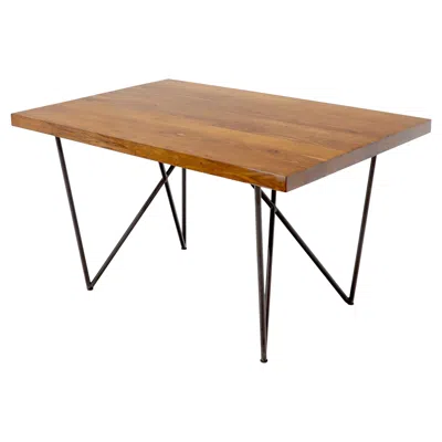 Pre-owned Herman Miller Solid Thick Teak Block Top Dining Table On Hairpin Legs In Brown