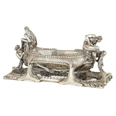Pre-owned Hermann Gladenbeck Antique German Silver Mirror Art Nouveau Marine Centrepiece  In Brown