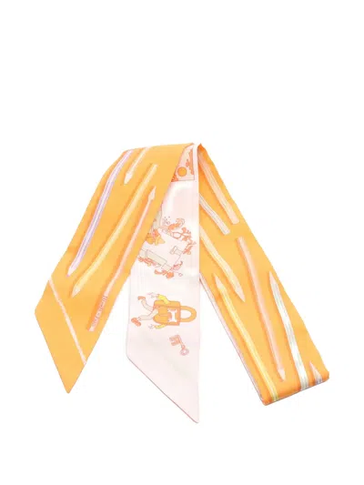 Pre-owned Hermes 10's A Vos Crayons Ribbon Silk Scarf In Orange