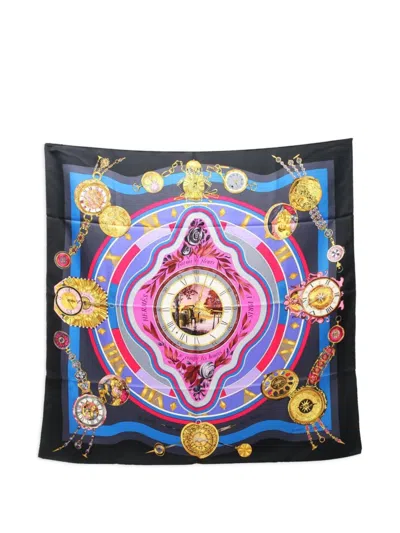 Pre-owned Hermes 10's Carres Parmi Les Fleurs Je Compte Les Heures Scarf In Black