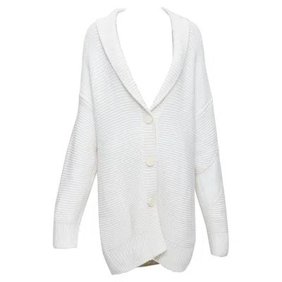 Pre-owned Hermes 100% Cashmere Off White Leather Logo Buttons Oversized Cardigan Fr34 Xs
