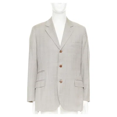 Pre-owned Hermes 100% Wool Checked Full Canvas Flap Pockets Double Vent Blazer Eu50 L In Gray