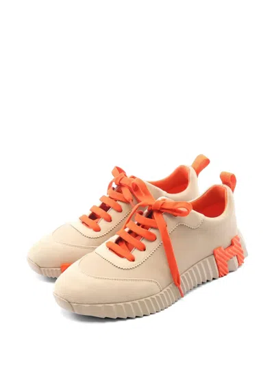 Pre-owned Hermes 10s Bouncing Leather Suede Sneakers In Neutral