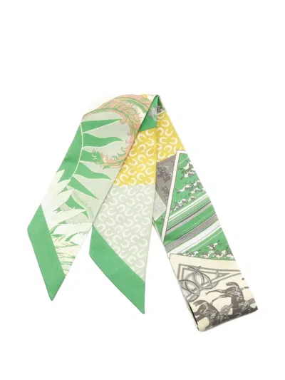 Pre-owned Hermes 10s Cheval Phoenix Dj Ribbon Scarf In Green