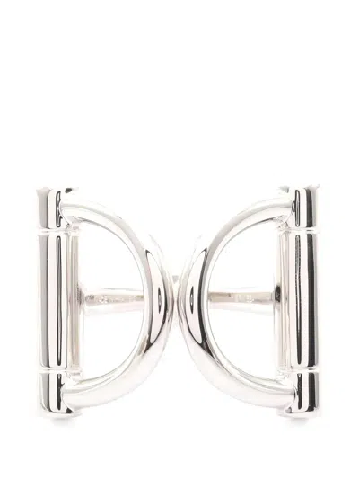 Pre-owned Hermes 10s Mini Double D Scarf Ring In Silver