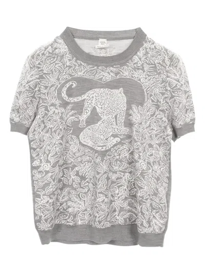 Pre-owned Hermes 10s Tiger-intarsia Short-sleeve Sweater In Gray