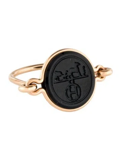 Pre-owned Hermes 18k Nephrite Ex-libris Ring In Multi