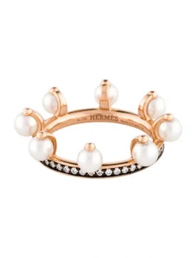 Pre-owned Hermes 18k Pearl & Diamond Chandra Ring In Multi